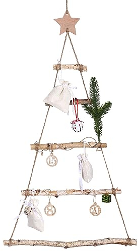 GWHOLE Holzleiter Tannenbaum Wand Deko Holz Weihnachtsbaum Weihnachtsdeko Wanddeko Hängedeko zum Dekorieren Strickleiter Zierschmuck zum Aufhängen, 40 x 70 cm mit Stern