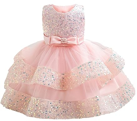 Miipat Bébé Fille Robe Bambin Princesse Tulle Sequins sans Manches Formelle Fleur Fille Robe pour La Fête Anniversaire Mariage Rose 110 3-4 Ans