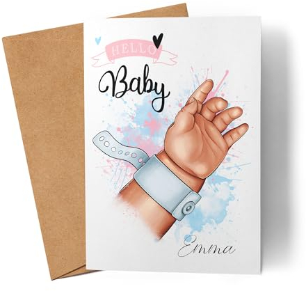 Kiddle-Design Hello Baby Karte Hallo Baby Willkommen Baby Karte zur Geburt Geschenk Geburtskarte Personalisiert mit Name für Junge Mädchen