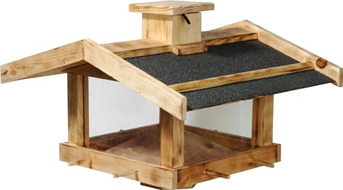 dobar® Geflammtes Vogelfutterhaus für Ständermontage - Vogelhaus für Wildvögel aus Massivholz - Futterstation zum Aufstellen - Wildvogelfutterplatz - 47 x 45 x 32 cm - Kiefer Bitumen