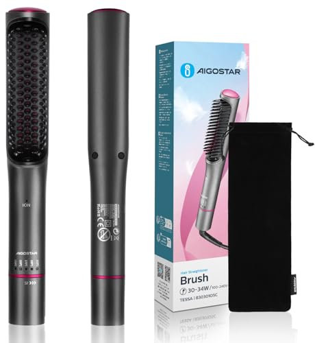 Aigostar Tessa - Ionische Glättbürste, Haarglätter, 5 Temperaturen, 130°C-210°C, Schnelles Aufheizen, Infrarotlicht, Haarglätterbürste Tragbar,Grau und Rot.