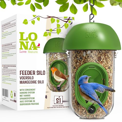 LONA - Comederos para pájaros para exteriores, alimentador de pájaros a prueba de ardillas con múltiples métodos de colgar, silo de alimentación de pájaros silvestres para exteriores, 1 puerto