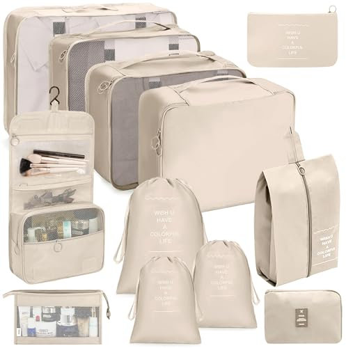 BBLTIFF 12-teiliges Set Packing Cubes, Koffer Organizer Set, Kleidertaschen für Urlaub und Reisen, Packtaschen für Koffer, Ordnungssystem für Koffer Gepäckorganizer Zur Aufbewahrung von Kleidung Beige