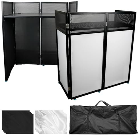 WUDLEP Cabina de DJ portátil, 108 x 53,5 x 118 cm con esquinas superiores duales, cabina de fachada de DJ con agujero para cable, cabina de DJ plegable ajustable para fiestas, marco de metal + malla