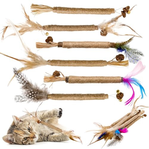 Partideal Katzenminze Sticks, 6 Stück Katzenminze Spielzeug katzenminze Stick mit Federn Katzen Zahnpflege Spielzeug Dental Kau-Sticks Kausticks für Katzen