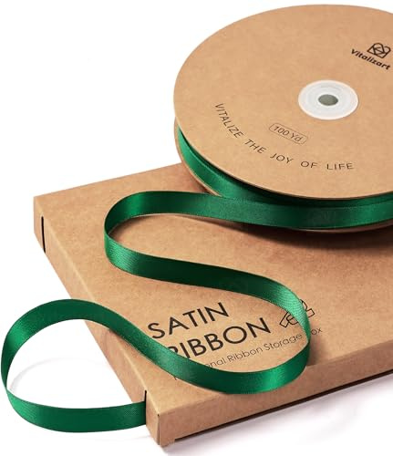 Vitalizart 3/8 x 100Yd Green Satin Ribbon Thin for Crafting | Double-sided Polyester Fabric Ribbon for Bouquet & Decoration, Satin Ribbon with Storage Box Convenient to Use & Store