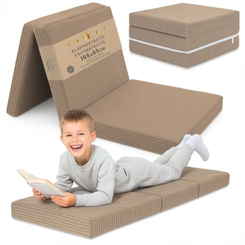 Materasso Pieghevole Bambini - 65x195 cm Brandina Ospiti Materassino da Pavimento Cameretta Materasso da Viaggio Compatto Leggero Rivestimento Sfoderabile Lavabile Oeko-Tex 65 x 195 Marrone