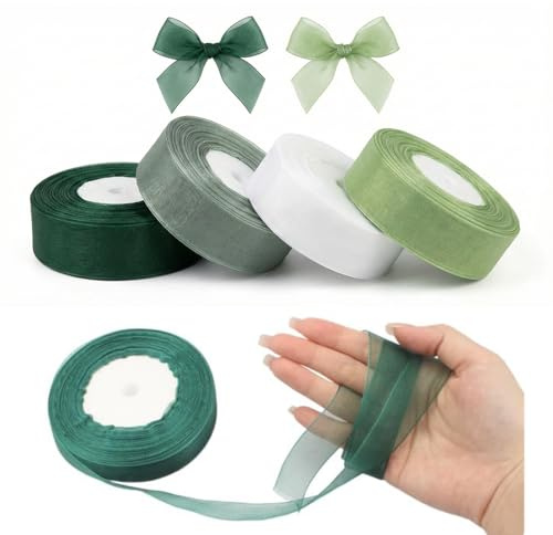 Luxorium Set 4 Rotoli Nastro Organza 20mm x 45m, Trasparente Bianco e Verde, per Confezioni Regalo, Matrimonio e Decorazioni Fai da Te