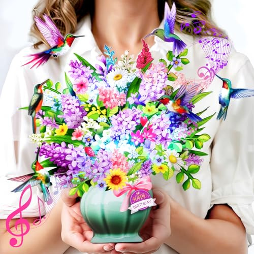 Birthday Card for Women, Happy Birthday card with Music&Light | Hummingbird Oasis,10Inch Forever Flower Bouquet ,3D Pop-up Birthday Gift Card for Women,Mum,Wife,Daughter
