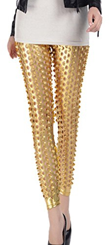 Women Punk Rock Leggings Hollow Out Sequined Full Length Fish Scale Pencil Pants Printed Stretch Leggings Pants Gold