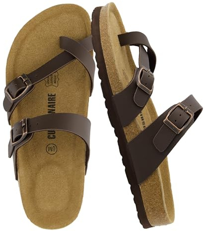 CUSHIONAIRE Luna Sandals for Women, Cork Footbed Womens Sandals for Summer Comfort with Adjustable Straps, Wide Width Available, BROWN 8.5