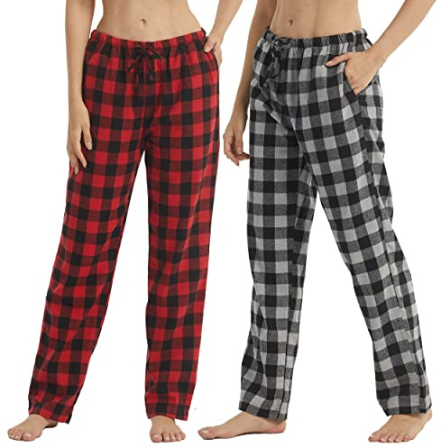 YUSHOW 2 PC Pantaloni Pigiama Donna Cotone Flanella a Quadri Lunghi Pantaloni con Tasche Coulisse Invernale Morbidi e Caldo Plaid Casa Trousers