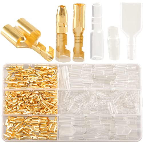 320pcs Kabelskor Runda Bullet Connectors Kit, 3,5 3,9 mm Runda Kontakter Kulterminaler Bullet Terminals med Isoleringskåpa, Guld Mässing Kulkontakt Hane och Hona Crimp Terminals, Elektriska Kontakter