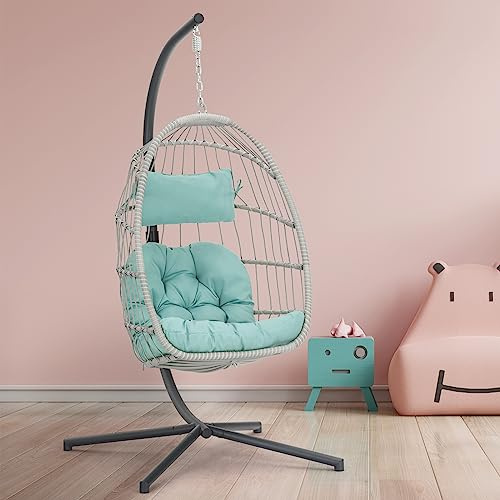 Brafab Egg Chair with Stand Indoor Outdoor Swing Egg Chair, Patio Wicker Hanging Chair with Stand Hammock Egg Chairs with UV Resistant Cushion and Aluminum Frame for Bedroom Balcony Garden Light Blue