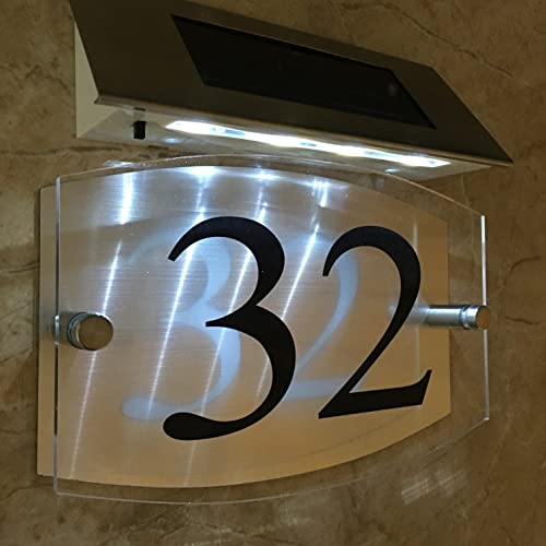 Elegant Beleuchtete Solar LED Hausnummer Hausnummernschild 1-9999 Straßenname Kristalleffekt Bogenkante