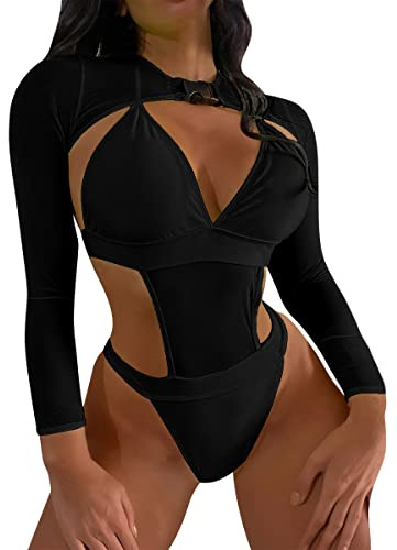 Women's Rave Outfits 2 Piece Cutout Bathing Suit Swimsuit Monokini Bodysuit Long Sleeve Shrug Crop Top Festival Holiday Clothes Black M