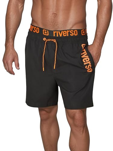 riverso Badbyxor för män, badshorts, RIVBobby, korta byxor, sommar, sport, strandshorts, dragsko, tryck, 100 % polyester, svart, grön, orange, röd, S, M, L, XL, XXL, 3XL, 4XL, 5XL, Svart-shiny orange, L