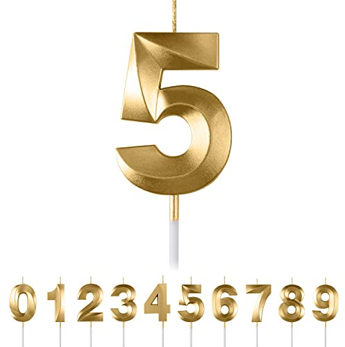 5th Birthday Number Candles - 3D Gold Number 5 Candle for Boys & Girls Birthday Party Cake Toppers