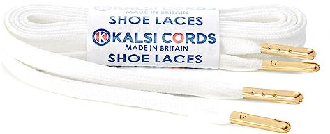 Premium Flat Cotton Shoe Laces Replacement Shoelaces for Kids & Adults Sneakers Trainers Boots Black White & Sail Cream Off White - Gold or Silver Metal Tips (White - Gold Metal Tips, 120cm Pair)