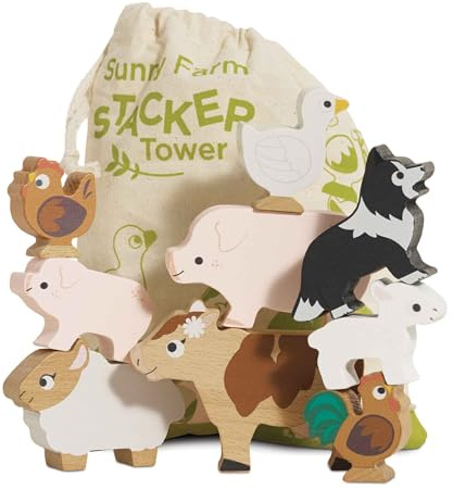 Le Toy Van - PL141 - Juego Educativo de apilar Animales de Granja, para niños a Partir de 18 Meses, Actividad de Equilibrio, Juego ecológico, 9 Animales y Bolsa, Fabricado en Madera FSC