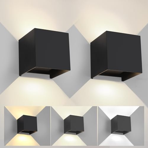 FUPE 2 Piezas Aplique de Pared Exterior Interior Luz Ajustable de 3 Colores LED Lámparas de Pared Moderno Negro 12W IP65 Impermeable Apliques de exterior cuadrada de aluminio Ángulo de luz ajustable