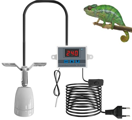 GOMETY Lámpara de calor Reptile, portalámparas de porcelana E27 con cable regulador de temperatura y enchufe, giratorio 360°, casquillo con 2 bombillas de calefacción para acuario, serpientes,
