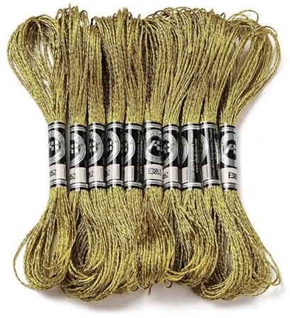 CABODYALS 10 madeja de 12 hebras de Hilo de Punto de Cruz de Poliéster de Oro Amarillo de 80 m Hilo de Bordar con Purpurina Metálica Hilo de Bordar con Brillo Dorado Y Plateado para Coser A Mano Decor