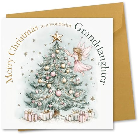 Julkort för barnbarn, Grattiskort, Fairy Tree design, Miljövänlig och tillverkad i Storbritannien, vers inuti, 148 x 148 mm kortstorlek