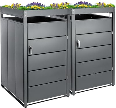 Youyijia Mülltonnenbox für 240L Tonnen – Mülltonnenverkleidung abschließbar & wetterfest – Müllbox Tonnenhaus Abfallbox Abfallbehälter für Garten & Einfahrt (Anthrazit mit Pflanzdach, 2 Tonnen)