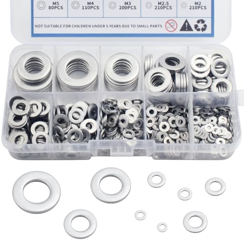900PCS Stainless Steel Flat Washers,Washers for Screws and Bolts,Washer Assorted Kit 9 Sizes M2/M2.5/M3/M4/M5/M6/M8/M10/M12,Metal Washer for Home Automotive Factory Repair Construction