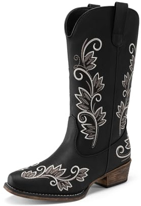 DREAM PAIRS Women's Cowboy Western Mid Calf Boots Square Toe | 1.61 heel, retro vine embroidery, square toe, 3-in-1 PU insole, TPR, festivals