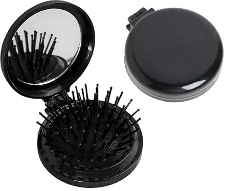 Folding Hair Brush,Compact Hairbrush,2Pcs Foldable Mini Travel Hairbrush with Mirror Kit Black Round Portable Small Hair Comb Pocket Size Easy Put in Bag Women Man Hairs Styling Tool for Daily,Camping