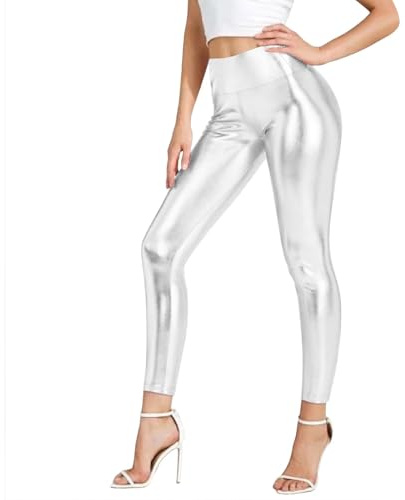 Celanisai Leggings lucidi da donna, costume da carnevale, a vita alta, brillanti, per carnevale, cosplay, balletto, danza, discoteca, Capodanno, abbigliamento fitness e yoga, con glitter, O argento