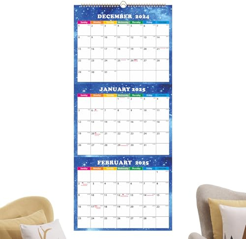 Calendario de pared 2025 de 3 meses a 3 meses, calendario vertical de 3 meses, planificador separado de 3 segundos, planificador de diciembre de 2024 y enero de 2026, papel grueso, organización de