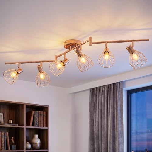 ANWIO Kitchen Lights Ceiling,6 Way Rose Golden Lounge Industrial Wall Lights-Adjustable SpotLights Ceiling Lights Wire Cage with E14 Base, Light Fittings Ceilings for Kitchen Living Room(NO Bulbs)