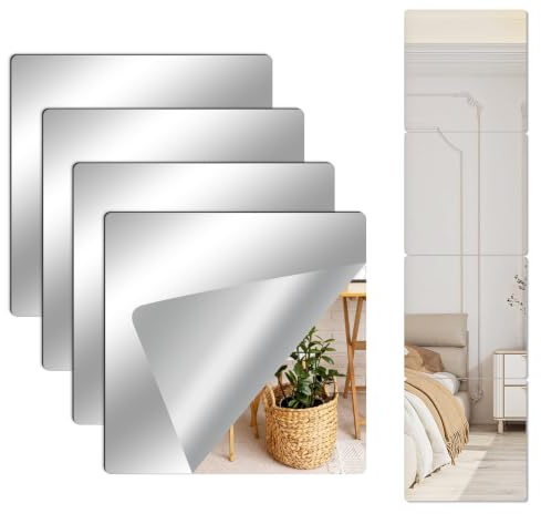 Leikedun 4 Pack HD Self Adhesive Mirror, 20x20cm Mirror Tiles 2MM Thick | Large Full Body Length Acrylic Stick on Mirrors for Walls Home Decoration Gym Hallway