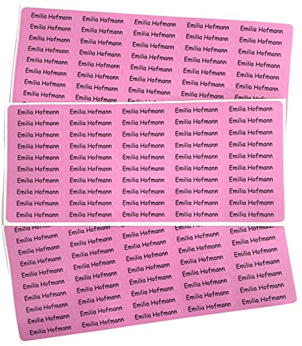 Indigos UG Namensaufkleber Kinder Schule - 150 Sticker - 36x7 mm - Aufkleber selbst gestalten - Namensschilder selbstklebend Kindergarten, Sticker KITA, Brotdose, Flasche, Federmappe, Stifte - rosa