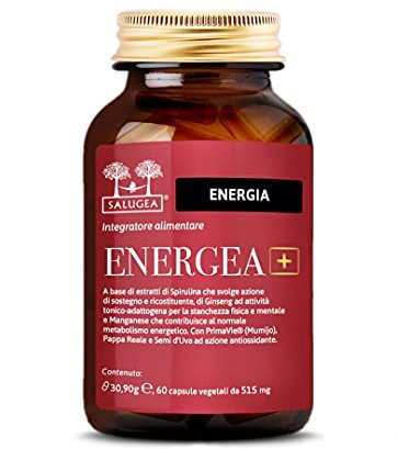 ENERGEA+ Salugea - Integratore Energizzante 100% Naturale - Con Spirulina, Shilajit, Pappa Reale, Ginseng - 60 capsule vegetali - Flacone In Vetro Scuro
