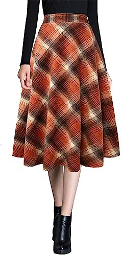 Ylingjun Gonne Midi da Donna in Lana Calda Inverno Autunno Vita Alta Elastico Gonna Svasata in Lana, Arancione, L