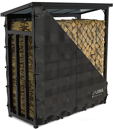 LAWA Living and Lifestyle Kaminholzregal aussen Metall mit Dach VERZINKT 188x70x188 45kg 3t 3,3³ SRM Kaminholzunterstand Stapelhilfe für Brennholz Feuerholzregal Holzlager (Schwarz mit Plane)