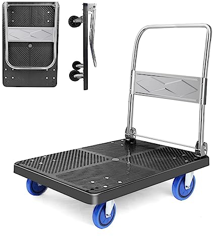Chariot chariot à plateforme avec plateforme de 150 kg, chariot à bagages pliable à plat avec roues pivotantes à 360 degrés, chariot à main pliable pour chargement et rangement (noir, L)