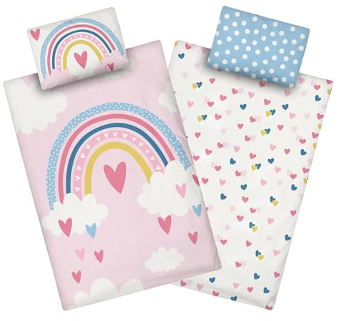 Aminata kids Kinderbettwäsche 100x135 Kinder Mädchen Baumwolle Regenbogen | Wende-Kinder-Bettwäsche-Set Wolke-n Herz-en | YKK Reißverschluss rosa