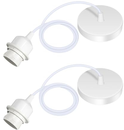 2 Pezzi Portalampada E27 in Metallo, Lampade a Sospensione Accessori, con Anello Filettato e 100CM Regolabile Cavo, Compatibile con Paralume, per Ristoranti, Soggiorno, Caffè, Bar(Bianco)