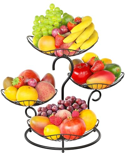 PouHenier.jh 4 Etagen Schwarz Obstkorb Obstschale, Groß Mehrstöckig Küche Gemüsekorb, Metall Obst Gemüse Etagere Aufbewahrung Obstregal, Modern Stabiles Eckig Obstbehälter, Einfache Einrichtung
