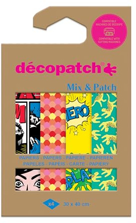 Décopatch DP039C - Une Pochette de 4 Feuilles Décopatch - Dimensions : 30 x 40 cm - Papiers imprimé, Vert, jaune - Mix & Patch - A partir de 5 ans, DIY, création, rénovation, activité créative