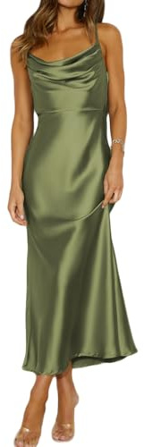 Mogidol Summer Satin Spaghetti Strap Cowl Neck Backless Midi Dresses for Women Elegant Tie Low Back Ruched Cocktail Dress Olive