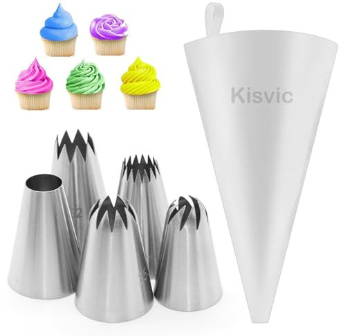 Kisvic Spritztüllen Groß Set, 5pcs Tüllen für Spritzbeutel und Spritzbeutel wiederverwendbar 39cm mit Tüllen Profi für Kuchen, Torten, Keksen-Dekoration