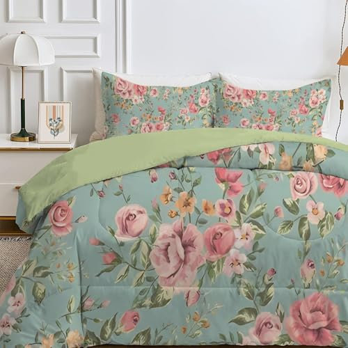 Qiwagu Bettdecke 135x200 4 Jahreszeiten, Wende Pinke Blumen Steppdecke Waschbare, Bettdecke ohne Bezug Nutzbar, Leicht Weiche Schlafdecke 200GSM, Ganzjahresdecke Blau mit 1 Kissenbezug (ohne Kissen)