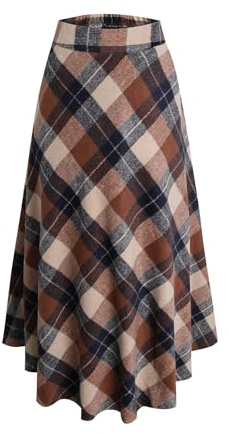 BiilyLi Gonna Lunga Inverno Donna Vintage Vita Alta Elegante Quadri Lana Maxi Skirt A-Linea Gonne Khaki -L