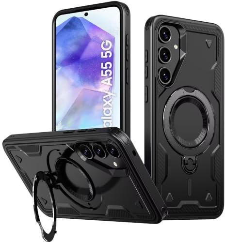 KANSi fodral för Samsung Galaxy A55 / A55 5G med skyddsglas*2, militärt telefonfodral med stativ, stötsäkert fodral med metallring, ringhållare - skyddsfodral svart